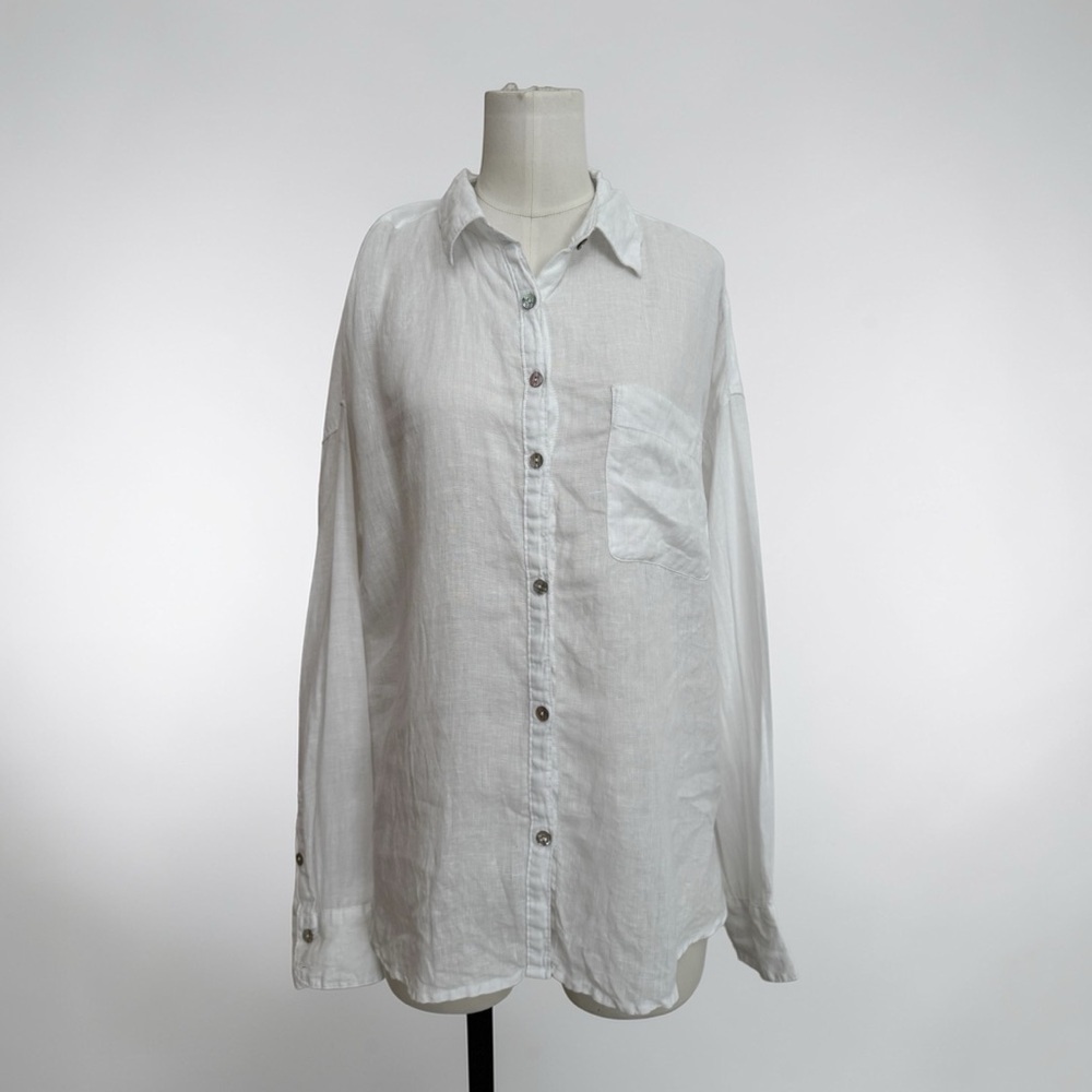 Nicole Miller New York 100% Linen White Button Front Shirt Size M
